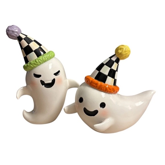 MacKenzie Child Trick or Treat Ghost Figurines Set of 2 Party Hats Black White